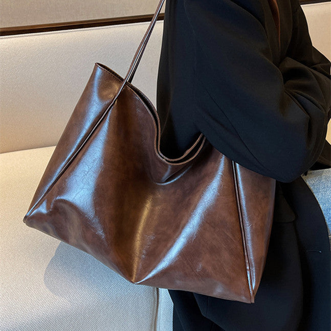 Vintage Soft Faux Leather Tote – Oversized Shoulder Bag for Women